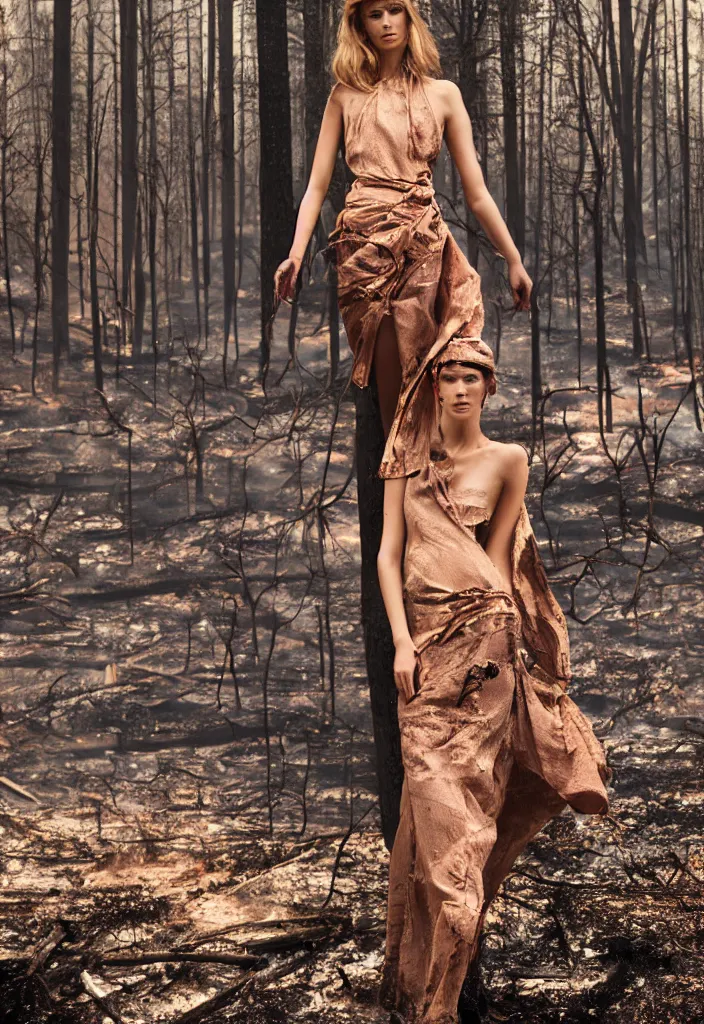 Image similar to fashion editorial in forest fire burning.