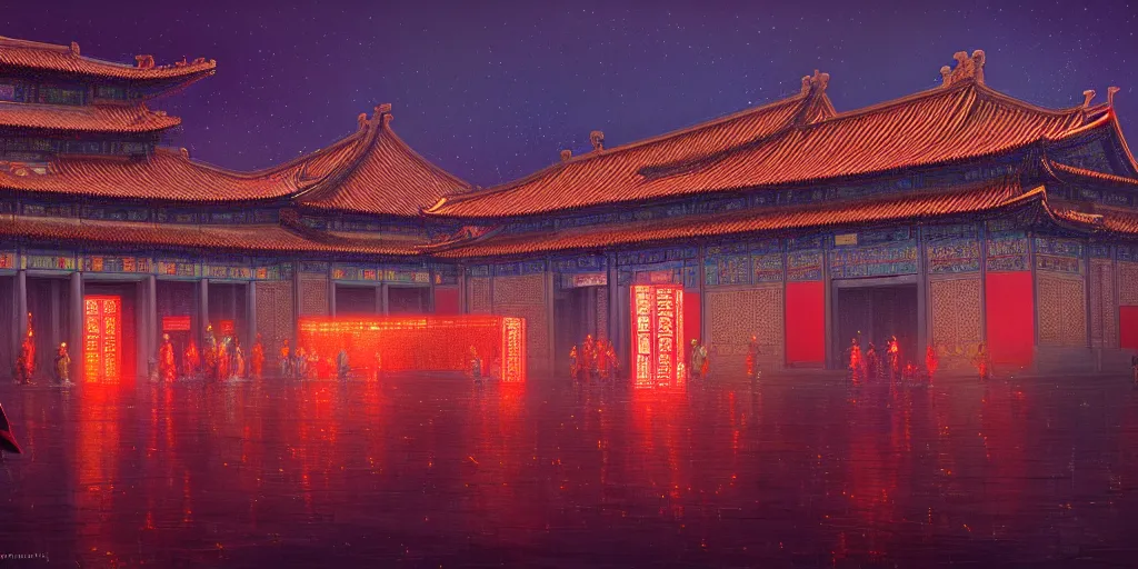 Image similar to Forbidden City by Neon Light, in the style of Cyberpunk Impressionism, Krenz Cushart, Moebius, and Muchain, Prismatic, Rococo, Pearlescent, reflective, shimmering, highly detailed, masterpiece, dreamy, concept art, Cinema lighting, 8k, trending on artstation