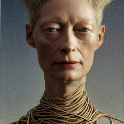 Image similar to Woman masterpiece, Tilda Swinton, beautiful eyes, yellow, golden halo behind her head, wires everywhere, by Edgar Maxence and Ross Tran, Zdzisław Beksiński, and Michael Whelan, distant, gustav dore, H.R. Giger, 8k, octane render