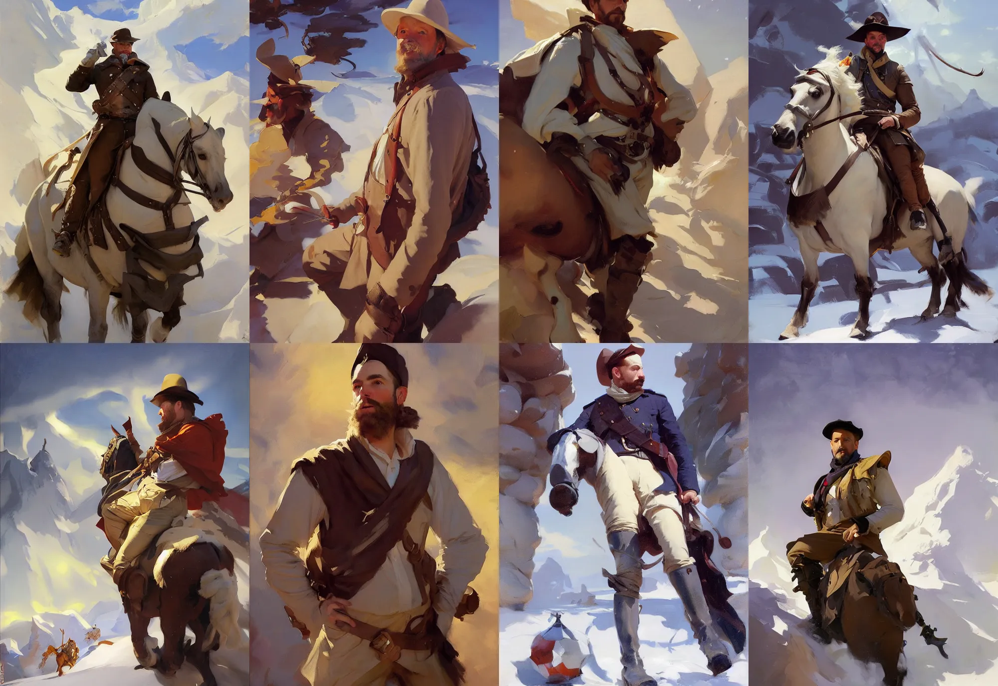 Prompt: portrait of men jodhpurs hyperborea winter traveler treasure hunter greg manchess painting by sargent and leyendecker, fantasy, medium shot, asymmetrical, intricate, elegant, matte painting, illustration, hearthstone, by rhads, by greg rutkowski, by greg tocchini, by james gilleard, by joe fenton