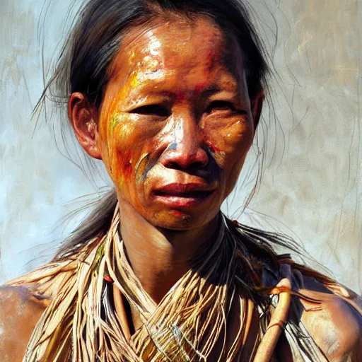 Prompt: high quality high detail painting by jenny saville, hd, a skinny beautiful kayan female tribe leader, hair in wind, photorealistic lighting