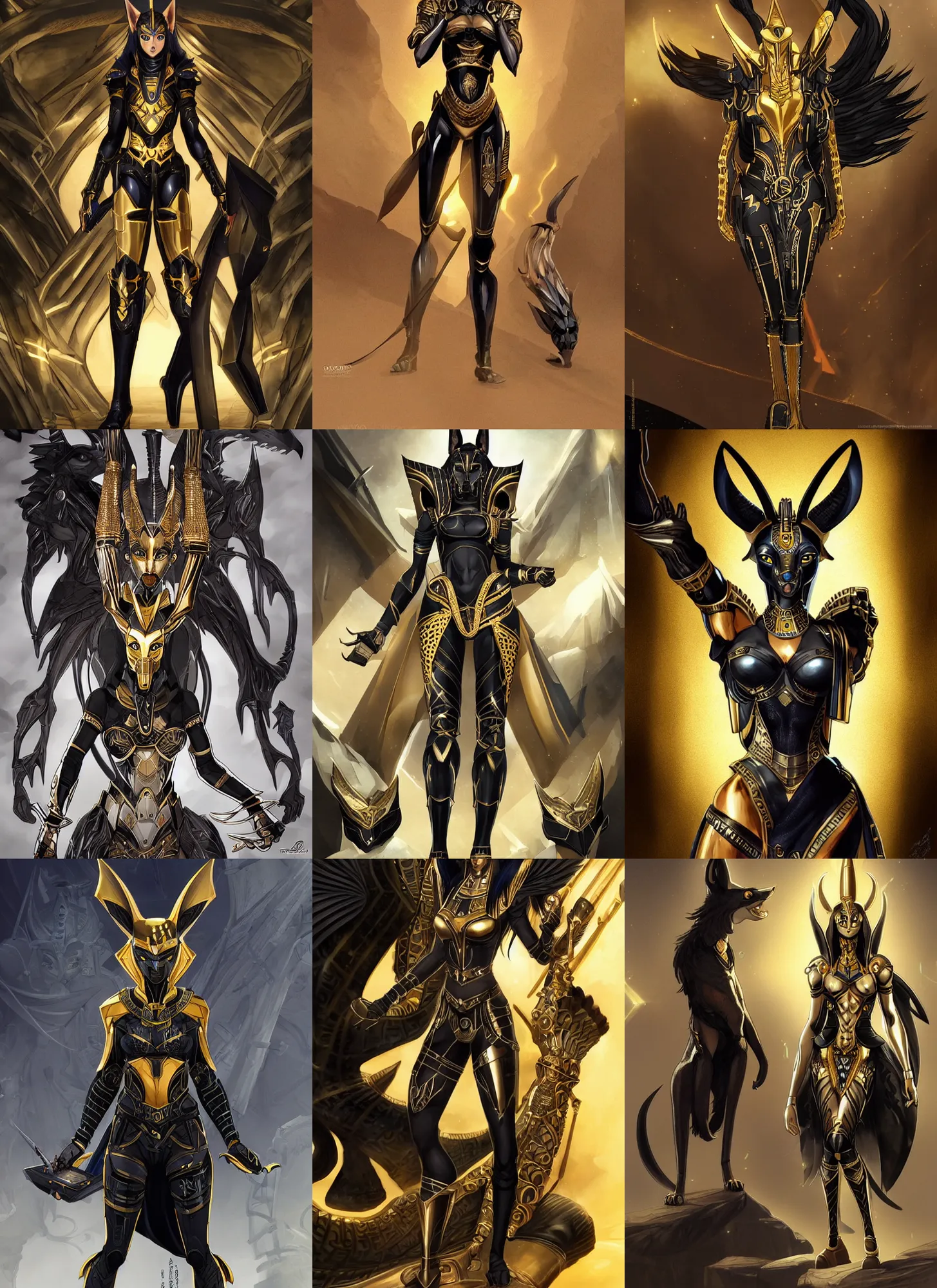 Prompt: female anthromoporphic black jackal egyptian god anubis wearing black and gold cybertech armor. buxom, wide hips, character design by charlie bowater, ross tran, artgerm, and makoto shinkai, detailed, inked, western comic book art