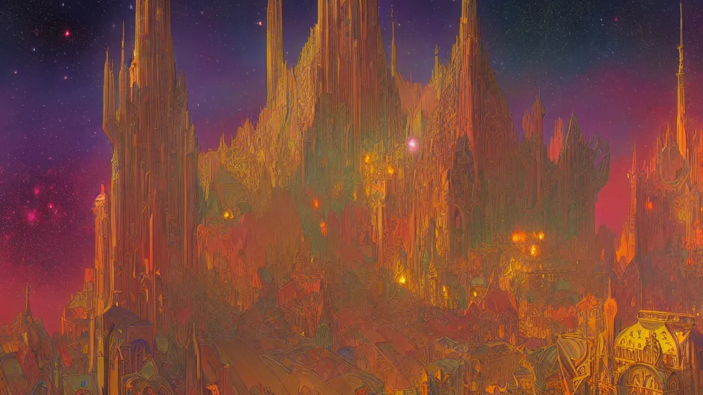 Prompt: a beautiful highly detailed matte painting of colorful castle nebulas by moebius, alphonse mucha, stars in the background, close - up, highly detailed, intricate design, 8 k resolution, octane render, trending on artstation and cgsociety