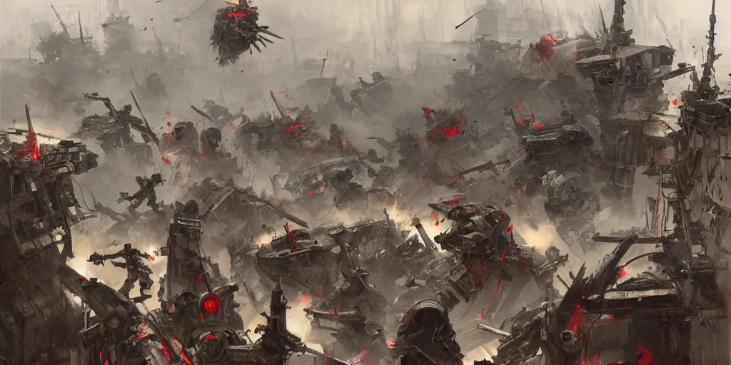 Prompt: demonic samurai robot slaughtering french soldiers and civilians in the interbellum paris, very detailed painting, concept art, intense heavy street battle, pile of bodies, a lot of blood on the streets, art by greg rutkowski and jakub rozalski