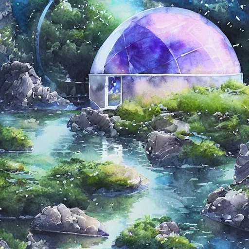 Image similar to beautiful happy picturesque charming sci - fi organic dome - like homes in a beautiful natural scene. water, trees and rocks. beautiful light. soft colour scheme. beautiful artistic detailed watercolor by lurid. ( 2 0 2 2 )