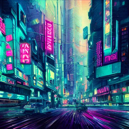 Prompt: an impressionist oil painting of a cyberpunk city with a lot of neon signs, highly detailed, texture, masterpiece, trending on artstation, pink, purple, huge scale, beautiful