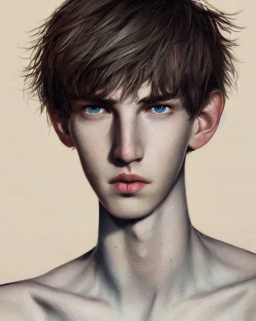 Image similar to portrait of 1 5 - year - old boy, a tall, slender boy with a pale, pointed face, white - blond hair, cold grey eyes, a pale complexion with sharp and pointed features, hyper realistic face, beautiful eyes, fantasy art, in the style of greg rutkowski, intricate, hyper detailed, smooth