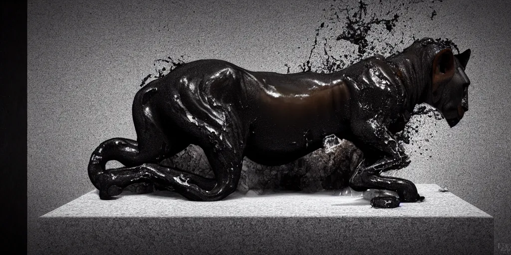 Image similar to a black lioness made of tar, bathing inside the bathtub full of tar, dripping ferrofluid, drooling ferrofluid. dslr, photography, realism, animal photography, modern bathroom, photorealistic, 8 k resolution, v - ray, 3 d render