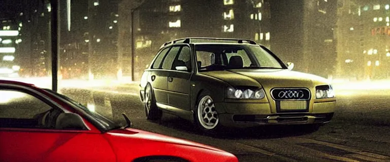 Image similar to Audi A4 B6 Avant (2002) chased by mafia cars, a gritty neo-noir, dramatic lighting, cinematic, establishing shot, extremely high detail, photorealistic, cinematic lighting, artstation, by simon stalenhag, Max Payne (PC) (2001) winter new york at night, eldritch horror