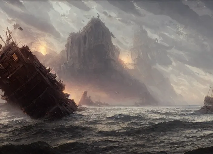 Prompt: Shipwreck, a fantasy digital painting by Greg Rutkowski and James Gurney, trending on Artstation, highly detailed