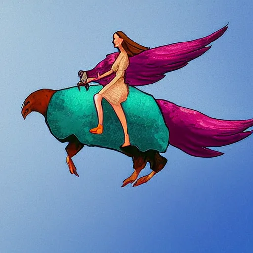 Prompt: Digital art of a woman riding a giant pigeon in the sky