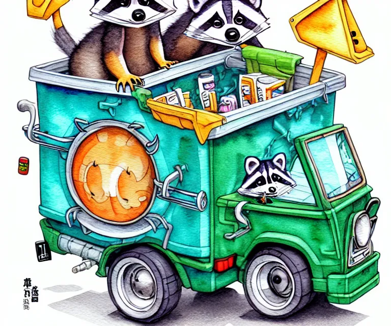 Image similar to cute and funny, / / / racoon / / / riding in a tiny garbage truck, ratfink style by ed roth, centered award winning watercolor pen illustration, isometric illustration by chihiro iwasaki, edited by range murata, tiny details by artgerm and watercolor girl, symmetrically isometrically centered, sharply focused