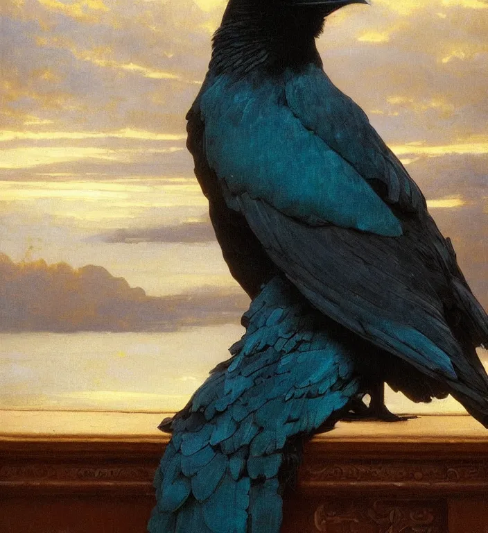 Image similar to a beautifully photoreal clear detailed victorian portrait of a close up raven on a victorian windowsill with an ornate velvet dark teal curtain at beautiful sunset daytime nature sunlit painting by frederic leighton and turner and rosetti, 8 k, octane render