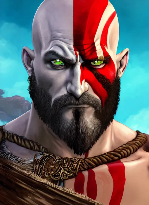 Image similar to portrait of a psychedelic kratos from god of war, digital painting masterpiece, advanced lighting technology, stylized yet realistic anatomy and face, gorgeous, by reiq and bengus and akiman and shigenori soejima and bastien vives and balak and michael sanlaville and jamie hewlett, 4 k wallpaper, cinematic, gorgeous brush strokes, coherent and smooth