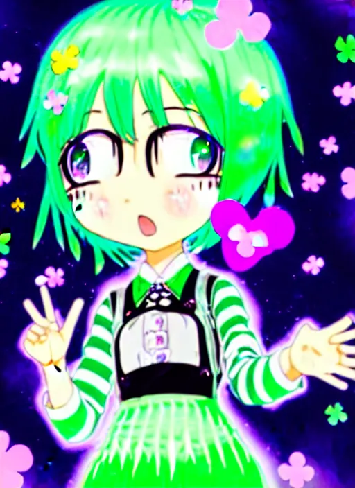 Prompt: a hologram of moe styled green haired yotsuba koiwai crossed fingers, wearing a gothic lolita decora spiked jacket, background full of lucky clovers and shinning stars, holography, irridescent