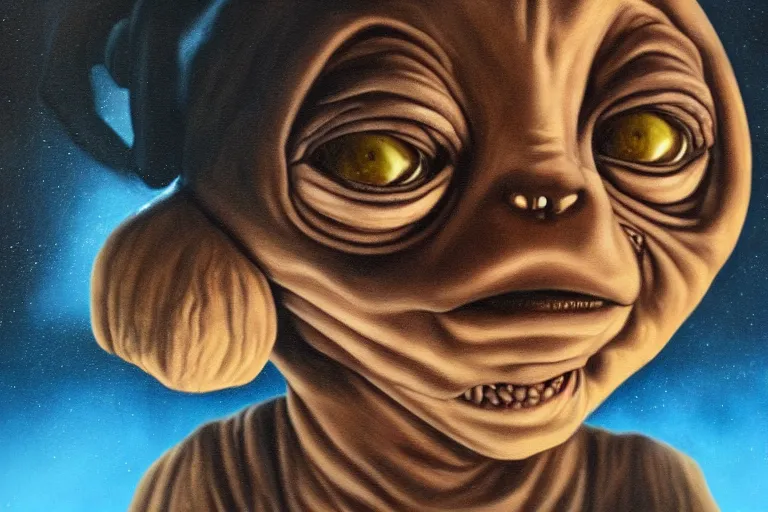 Image similar to e. t. the extra - terrestrial portrait in oil on black velvet, in frame, 4 k, hyper - realistic