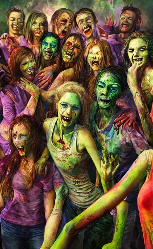 Prompt: beautiful detailed photorealistic painting of a group of friends dressed as zombies, in a club dancing. the friends are happy and having fun. vibrant, high quality, vibrant colors, very funny, beautiful, hq. hd. 4 k. award winning. trending on artstation