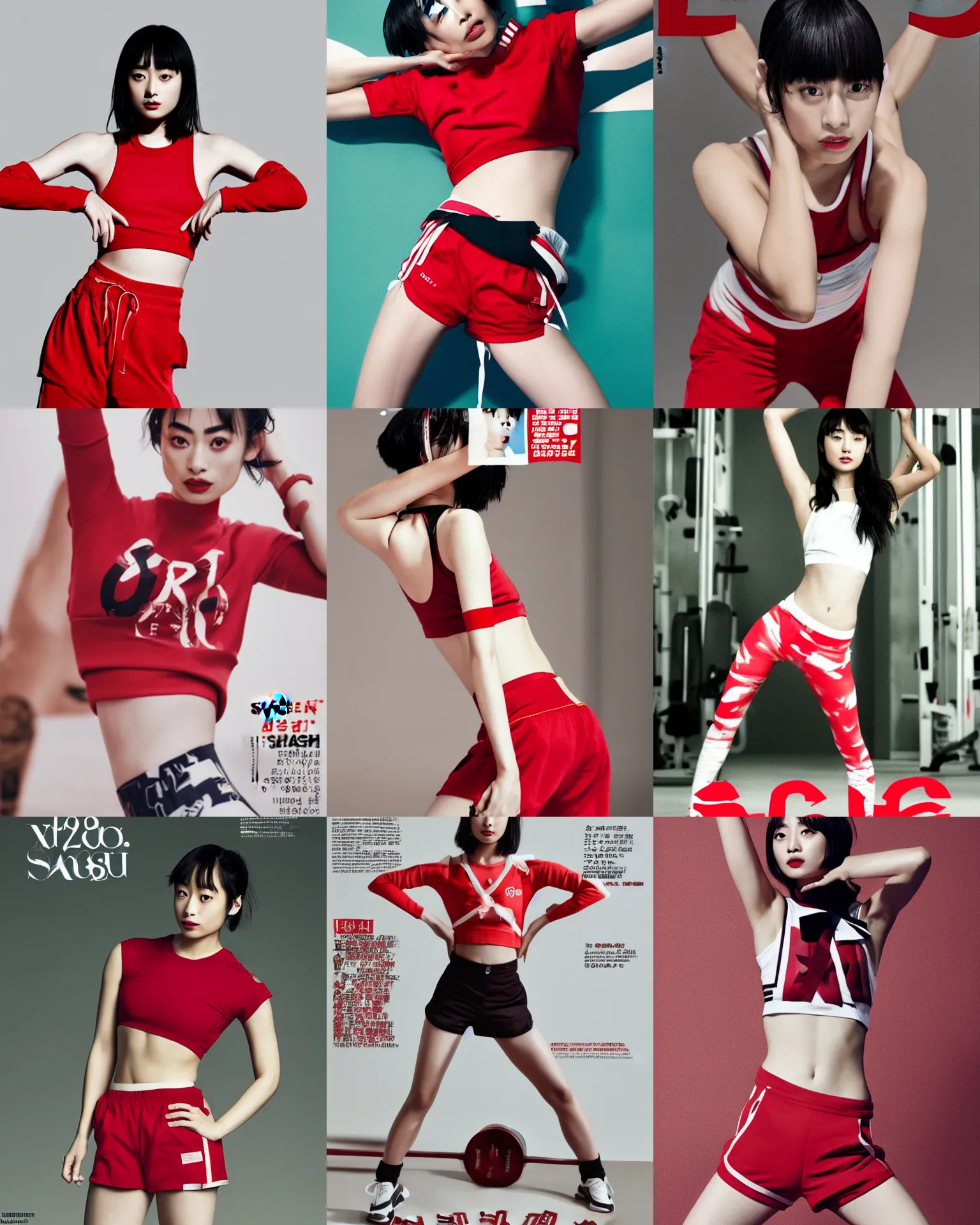 Prompt: suzu Hirose wearing crop red gym top with white lettering, cropped red yoga short, Advertising editorial photo by Mario Testino, masterwork