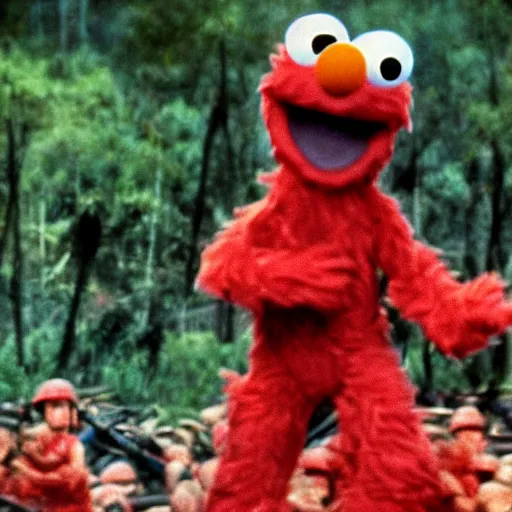 Prompt: elmo in the movie platoon 4k, high detail, high-resolution photograph, gory, war, vietnam