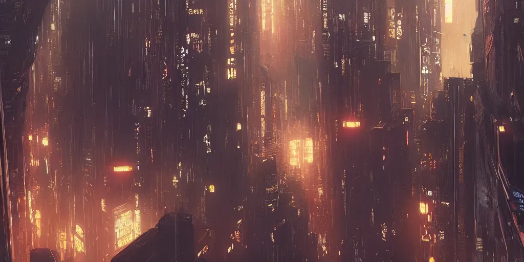 Image similar to a painting of a cinematic keyframe of a cyberpunk dystopian city, blade runner like designed by ian hubertz seen from above, cenital shot, by greg rutkowski, rule of thirds, golden ratio, ambient lighting, wlop, artgerm, artstation, highly detailed masterpiece, dark fantasy art, high detail, trending on artstation
