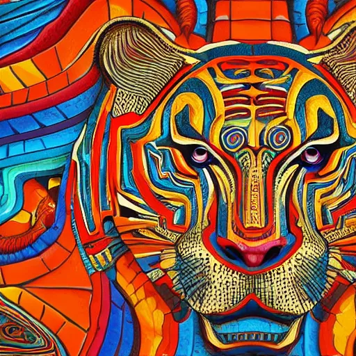 Prompt: coloured sculpture breathtakingly cool beautiful stylised mayan ornate biomechanical tiger, isometric perspective, 8 k