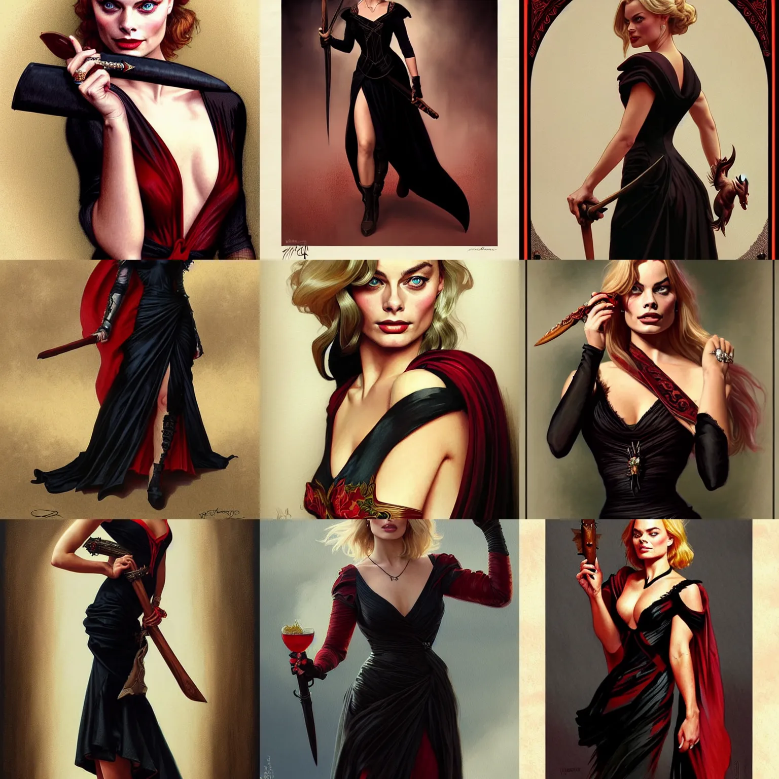 Prompt: very cute Margot Robbie holding a abanico and wearing black-crimson silk dress, D&D, fantasy, intricate, elegant, highly detailed, digital painting, artstation, concept art, matte, sharp focus, illustration, art by Artgerm and Greg Rutkowski and Alphonse Mucha