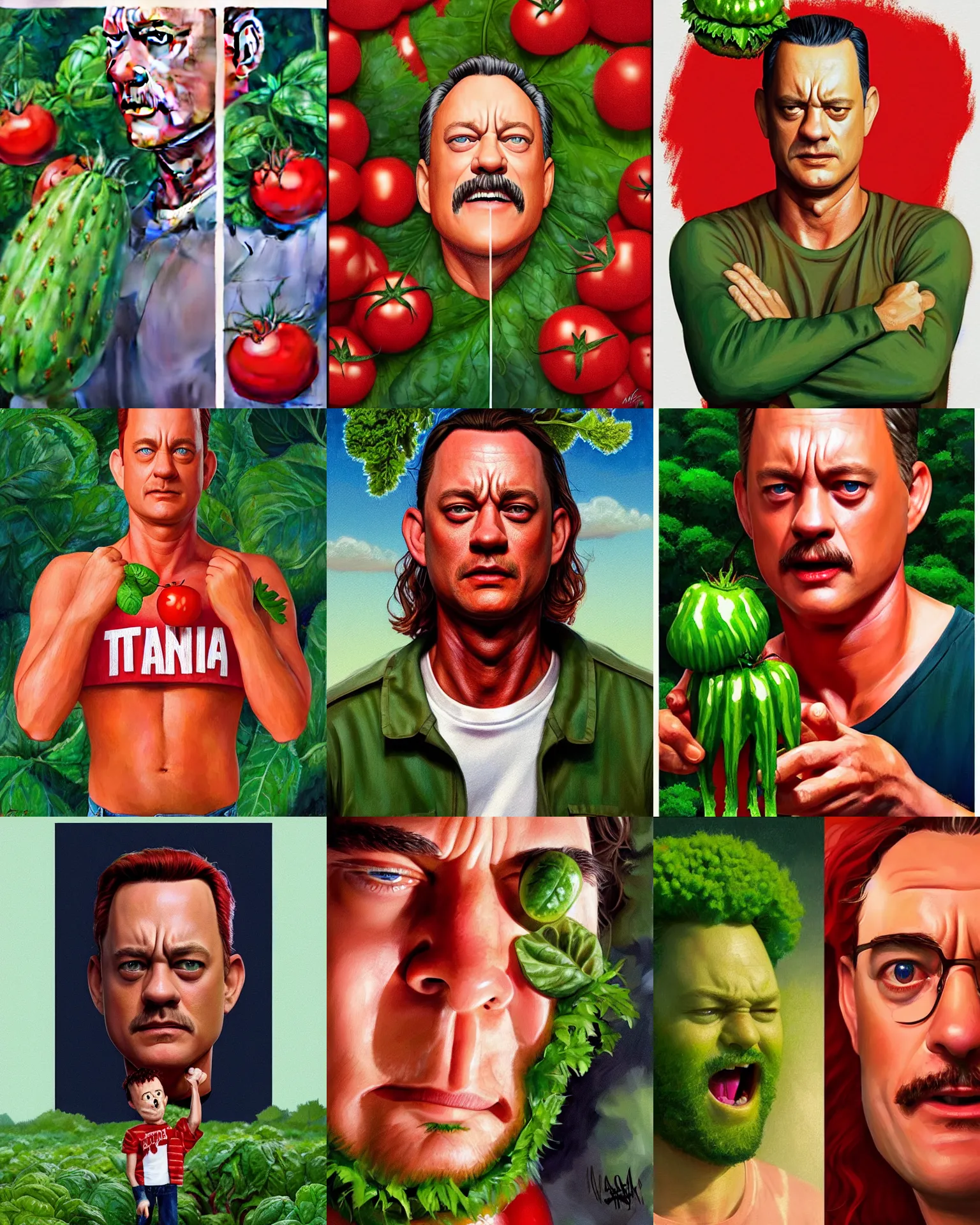 Prompt: forest gump starring tom hank sas a tomato, his skin is red with leafy green hair, pickle rick animation character, dramatic lighting, tom hanks tomato face, shaded lighting poster by magali villeneuve, artgerm, jeremy lipkin and michael garmash, rob rey and kentaro miura style
