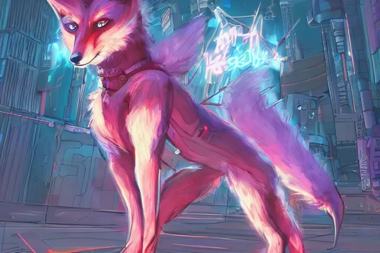 Image similar to a cyberpunk anthropomorphic fox with a fluffy tail, comic art, trending on furaffinity, cartoon, kawaii, backlighting, furry art!!!, neon, concept art