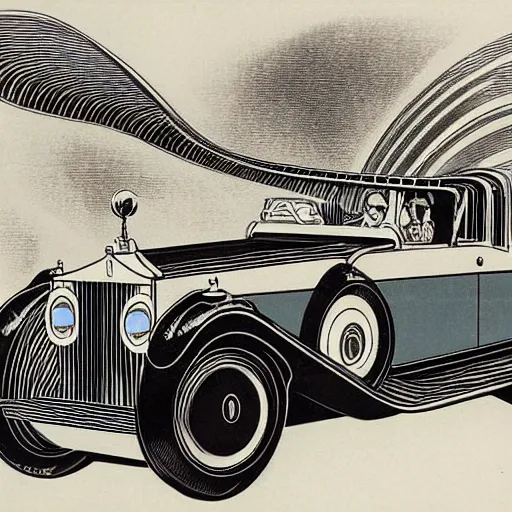 Prompt: curved art deco rolls royce as a flying car in metropolis 1 9 2 7, style of gustave dore, intricate scrollwork, cityscape