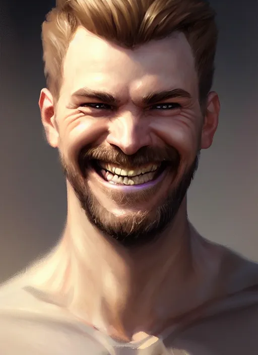 Image similar to a _ fantasy _ style _ portrait _ painting _ of white male short fringe light brown hair short face grinning, rpg dnd oil _ painting _ unreal _ 5 _ daz. _ rpg _ portrait _ extremely _ detailed _ artgerm _ greg _ rutkowski _ greg