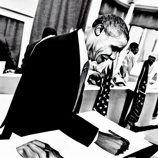 Image similar to former US President Barack Obama signing autographs, black and white crosshatching manga style.