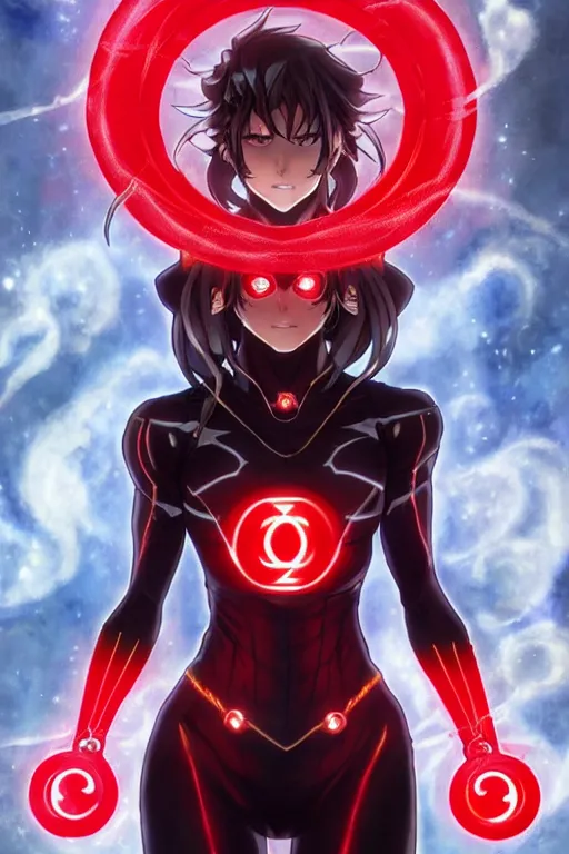 Image similar to anime key visual of a beautiful female red lantern!! intricate, red and black suit, glowing, powers, rage, anger, hate, dc comics, cinematic, stunning, highly detailed, digital painting, artstation, smooth, hard focus, illustration, art by artgerm and greg rutkowski and alphonse mucha