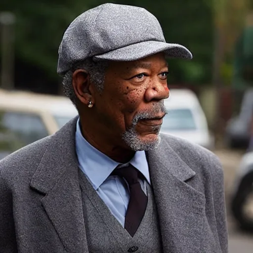 Prompt: still morgan freeman in peacky blinders wearing a news boy cap