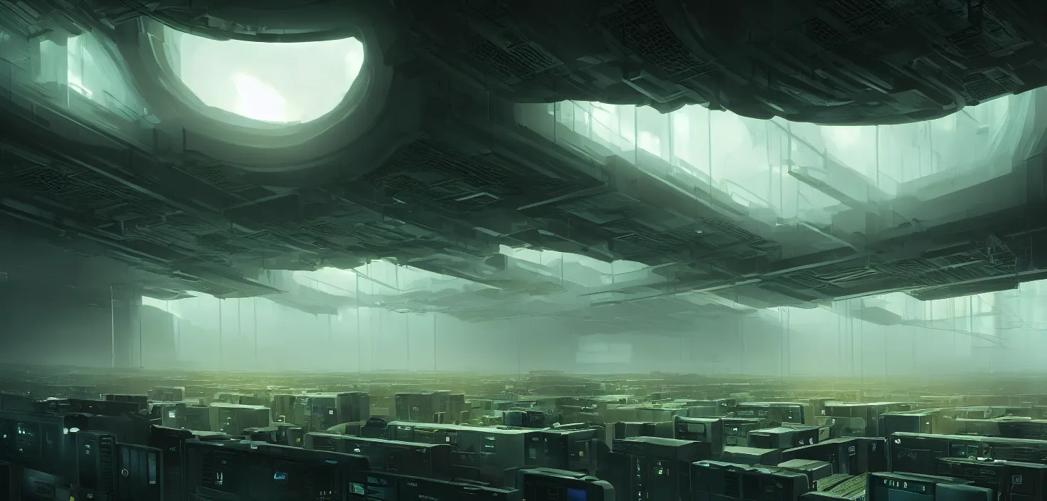 Prompt: computers, green screen, wired in, in a highly detailed server room with computers everywhere, cinematic view, epic sky, detailed, concept art, low angle, high detail, warm lighting, volumetric, godrays, vivid, beautiful, trending on artstation, by jordan grimmer, huge scene, art greg rutkowski