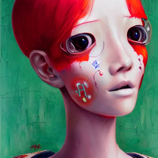 Prompt: a mannequin with a red hair and a smiley face, cyberpunk art by hikari shimoda, featured on cgsociety, pop surrealism, anime aesthetic, high detailed, detailed painting