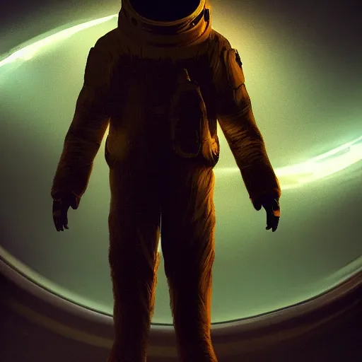 Prompt: award - winning. trending on artstation. 4 k. eerie tone. a figure wearing a layered yellow padded coat standing in front of a black hole in space. dark background. in the style of cedric peyravernay. full - body