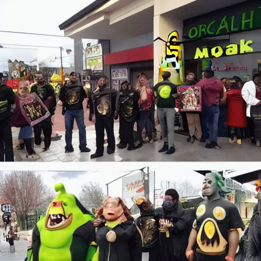 Prompt: orcs standing outside of a McDonald’s, protesting, the working conditions