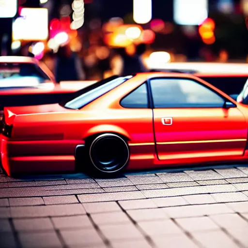 Image similar to a car Nissan Silvia at illegal car meet, Shibuya prefecture, city sunset, cinematic color, photorealistic, highly detailed, 200MM