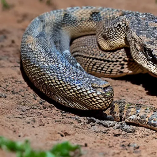 Image similar to rattlesnake and monitor lizard hybrid animal, half rattlesnake and half monitor lizard, real picture taken in zoo