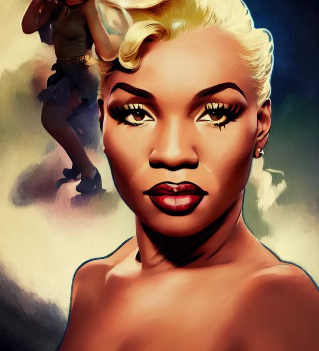 Image similar to portrait of mike tyson as a young marilyn monroe, elegant, flat lighting, intricate, highly detailed, digital painting, artstation, concept art, smooth, sharp focus, illustration, closeup, misa amane, art by simon bisley and greg rutkowski and alphonse mucha, novel cover