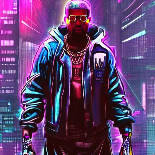 Image similar to cyberpunk kanye west character art, epic background, epic composition, hdr, full body gauche painting, arcane art style