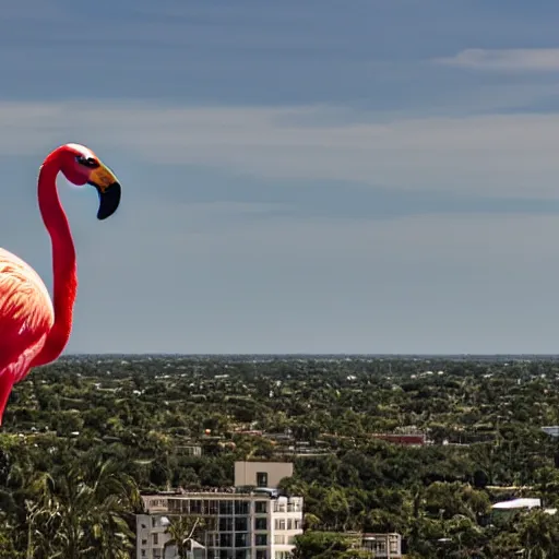 Image similar to photo of a giant colossal flamingo in the distant horizon beyond city skyline