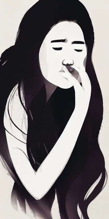 Prompt: minimal abstract painting, candid portrait of a very very beautiful! young filipino woman with very narrow face, closed eyes and flowing long hair, blowing smoke from her mouth, surrounded by thick swirling smoke, face is obscured, by conrad roset, long brush strokes, dramatic lighting, trending on artstation