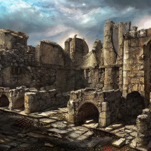 Image similar to High-Quality realist painting of the ruins of a medieval city after a war, ominous, very detailed, digital art.