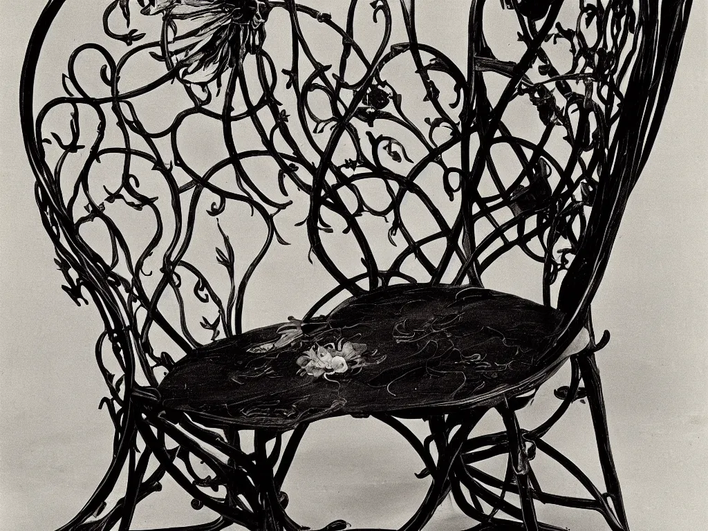 Prompt: flaming gothic chair in the shape of a iris flower. karl blossfeldt, salvador dali