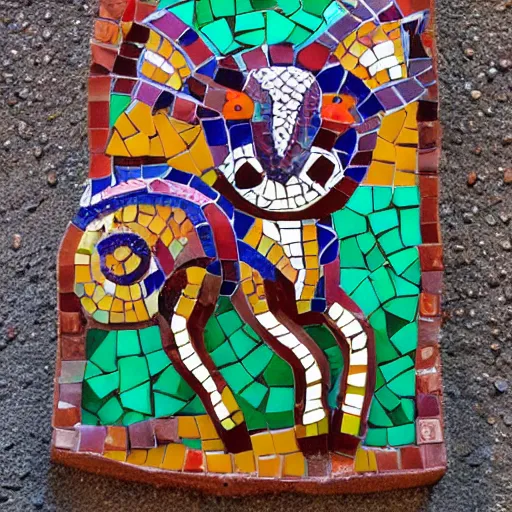 Image similar to mosaic sculpture of a alebrije chimera!!!, irregularly shaped mosaic tiles, pottery shards, in the style of folk art, in a cottagecore flower garden