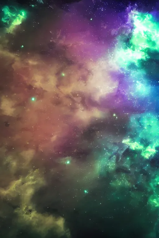 Image similar to deep space with purple, blue and green colours, Hyper detailed and Realistic, Dreamy, Vast, Epic lighting, Cinematic, Detailed, 8k