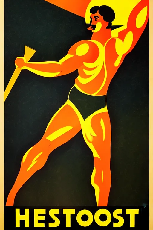 Image similar to art deco poster. hephaestus at the forge