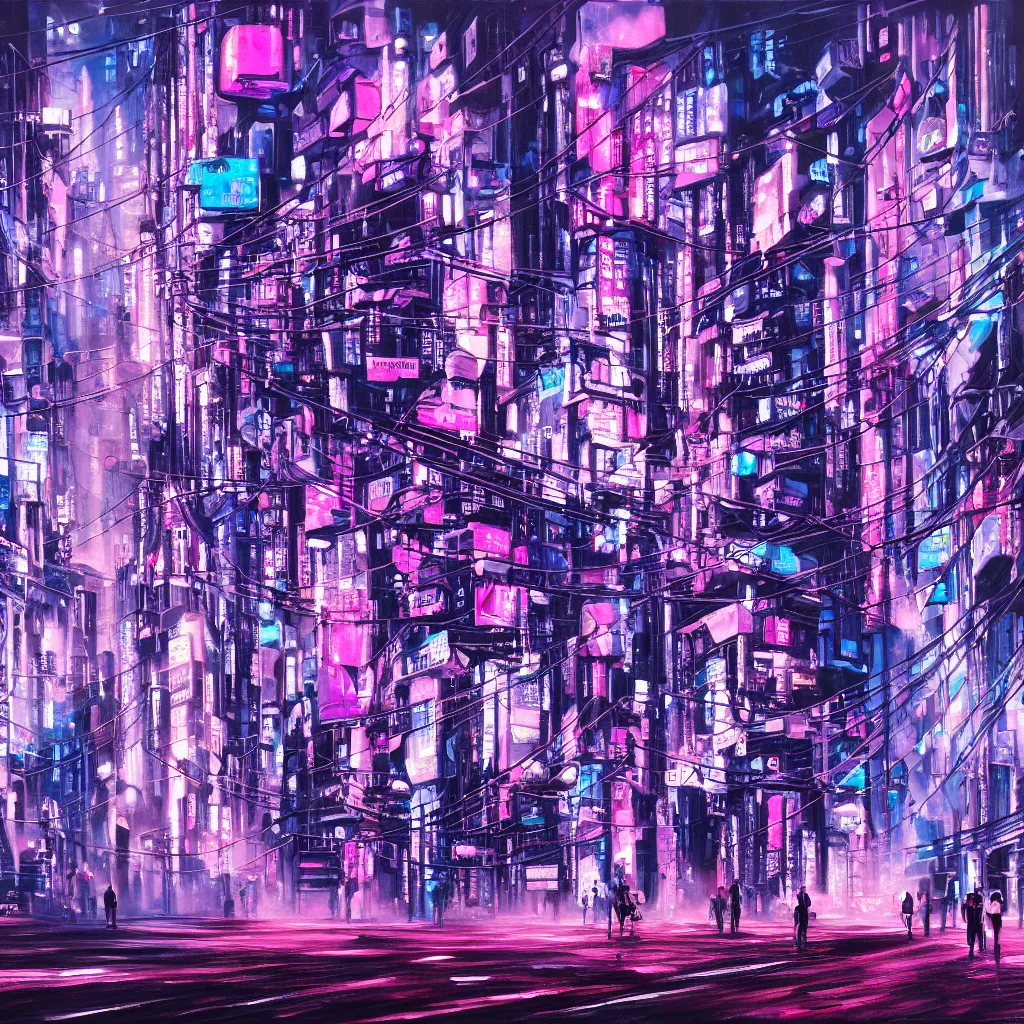 Prompt: oil painting of an overpopulated, busy, dark cyberpunk metropolis, fuchsia and blue, smog, crowded people occupying buildings and outdoors, tokyo inspired, textured