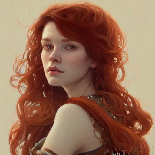 Image similar to A full portrait of Nordic female, 30 years old, brown red long hair, intricate, elegant, highly detailed, digital painting, artstation, concept art, smooth, sharp focus, illustration, art by Krenz Cushart and Artem Demura and alphonse mucha